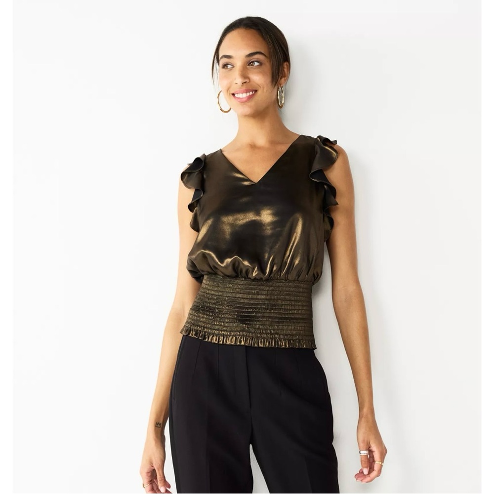 Nine West metallic sleeveless ruffle smocked hem blouse size XXL
